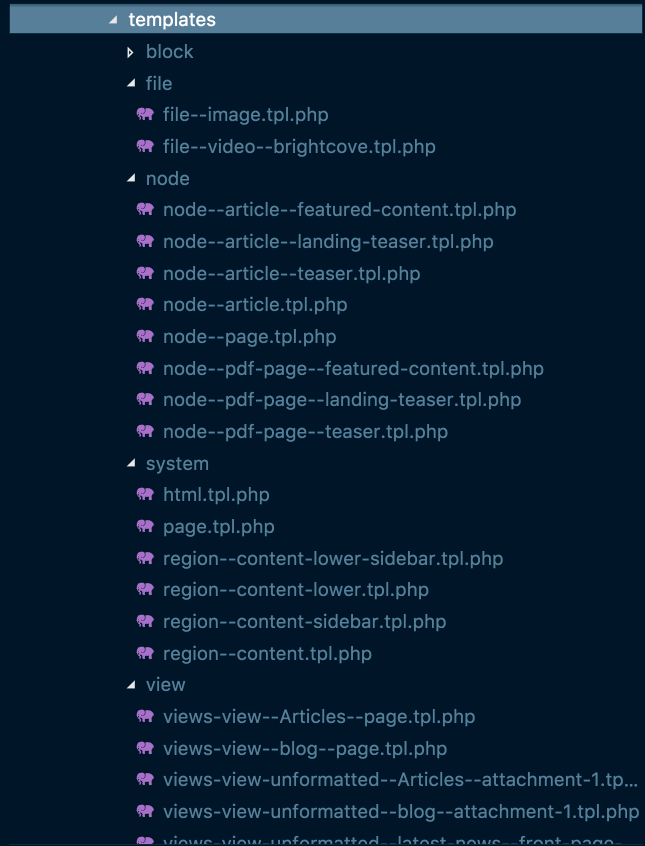 Screengrab of a Drupal theme directory structure with many different templates with very long, specific file names.