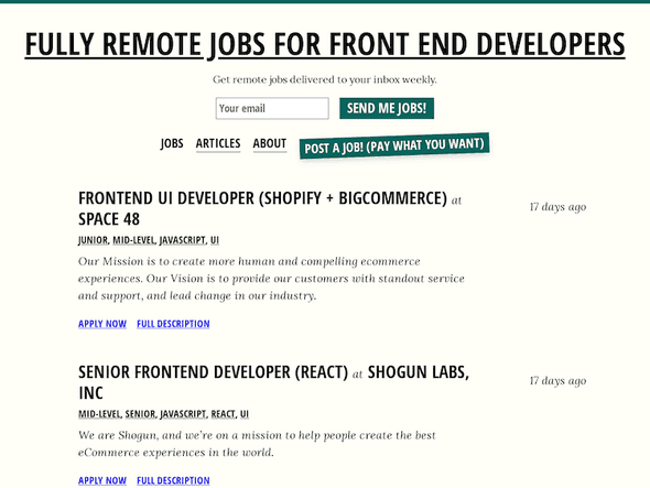 The old design of front end remote jobs.