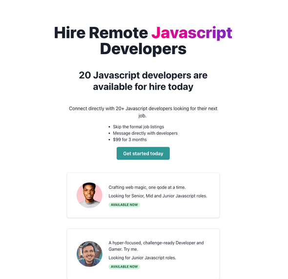 Screenshot of the Hire Remote Javascript Developers page