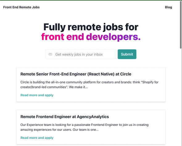 Screenshot of the new design of front end remote jobs.