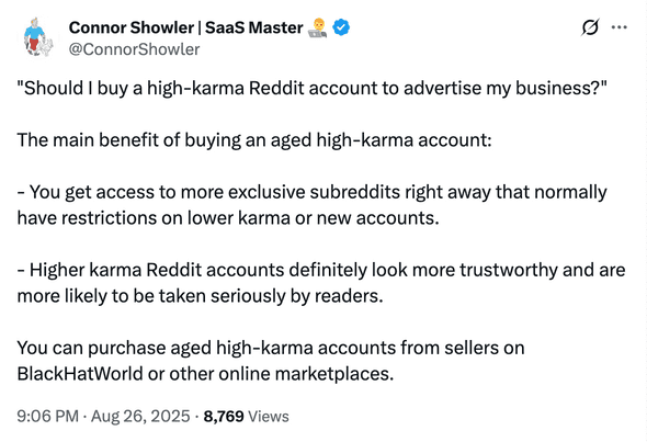 Should i a buy high-karma Reddit account to advertise my business?